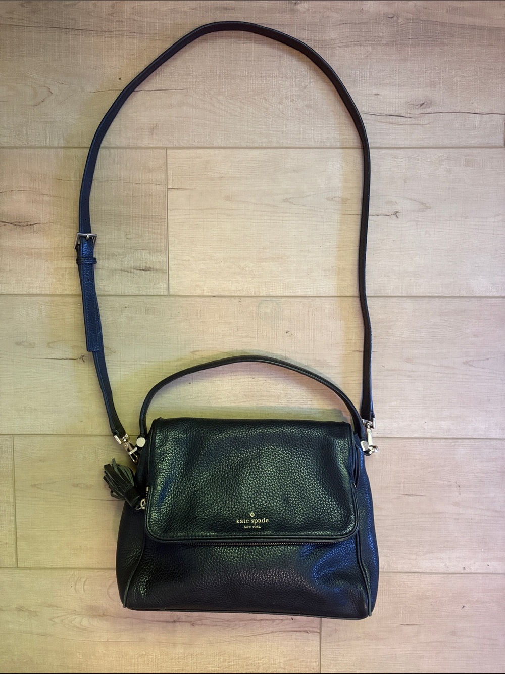 kate spade Black Pebbled Leather Shoulder Bag with Tassel